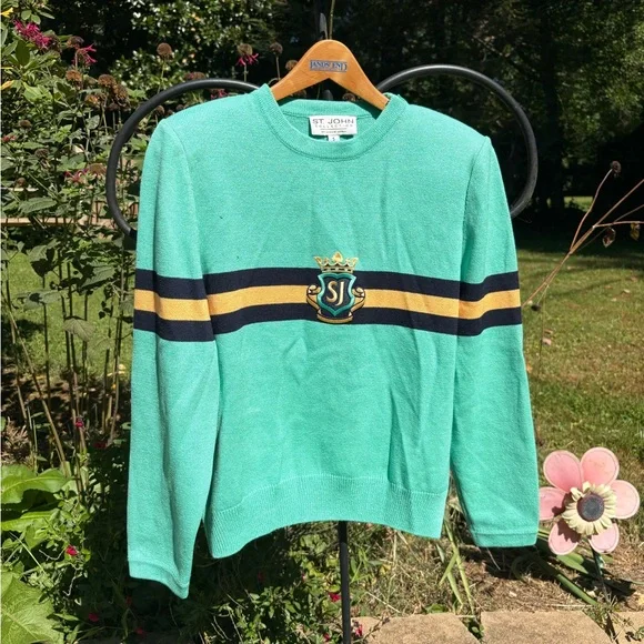 Vintage St. John collection green Teal knit Sweater with Crest and Stripes - Picture 5 of 7